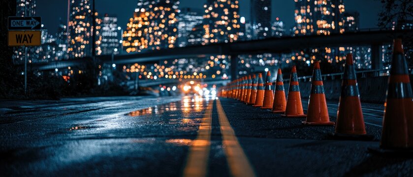 Rainy Night City Street with Traffic Cones and Blurred City Lights.