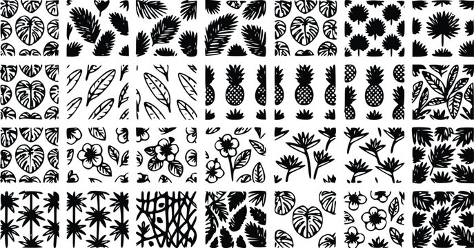 Set of black and white tropical seamless patterns with palm leaves pineapple and exotic flowers for summer fabric textile design and wallpaper decor