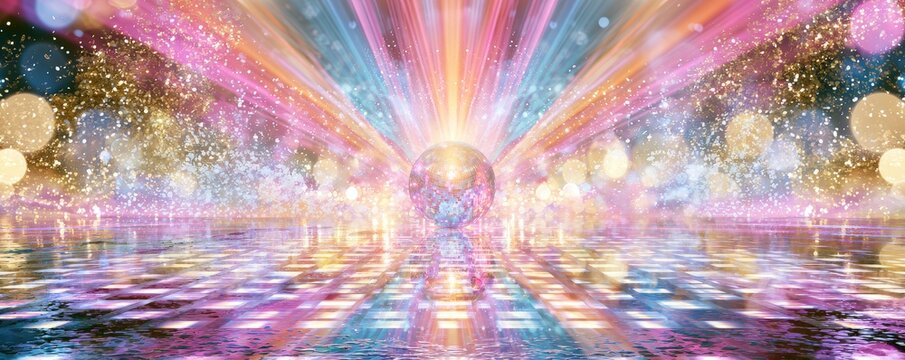 Abstract Rainbow Light Explosion with Bokeh and Reflections.