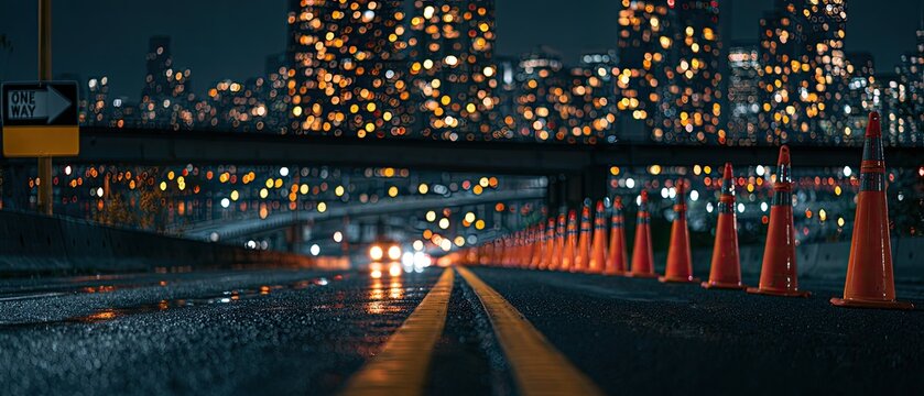 Nighttime city street with traffic cones and blurred city lights in the background.