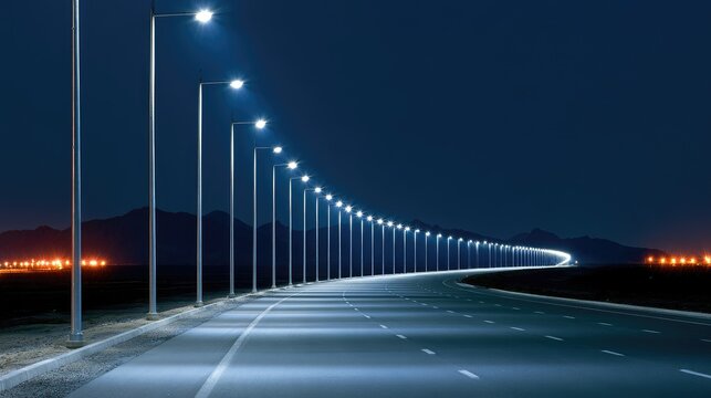 Illuminated Highway at Night with Streetlights Guiding the Way.