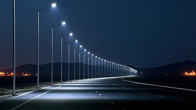 Long Road Lined with Streetlights at Night.