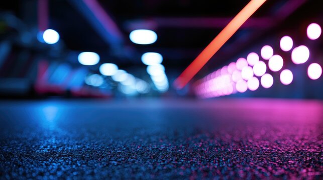 Vibrant Neon Tunnel with Abstract Bokeh Lights and Futuristic Atmosphere.
