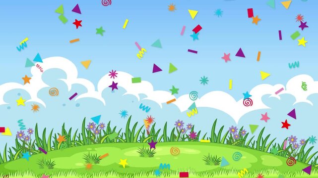 Colorful Confetti Falling Over Cartoon Grassy Hill and Blue Sky