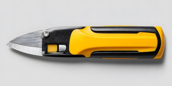 Yellow and black industrial scissors with sharp blades on a light gray background.
