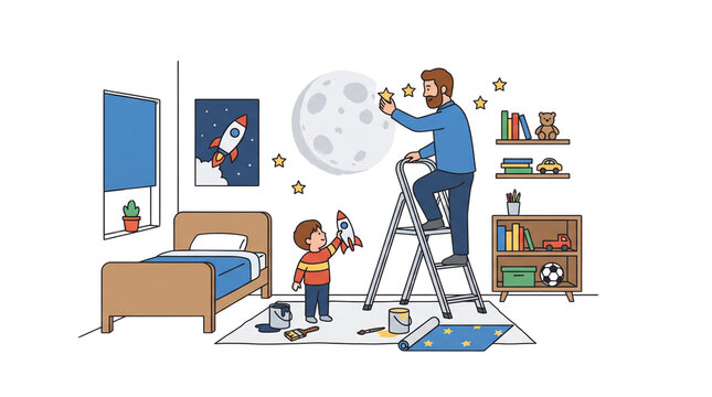 Father and son decorating bedroom with space theme.