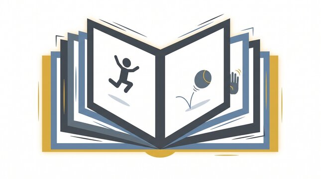 Open flipbook animation illustration featuring moving stick figure and bouncing ball pages