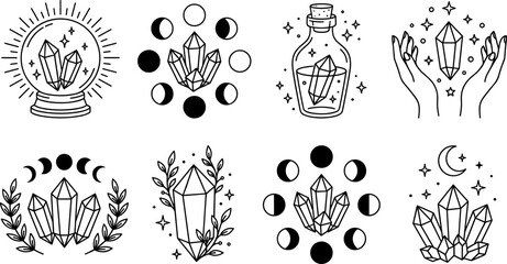 Collection of mystical boho crystal line art vector icons featuring moon phases magic potion bottle and botanical elements © Jahanara