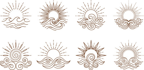 Collection of minimalist boho line art sun and ocean wave vector icons for summer landscape logo design © Jahanara