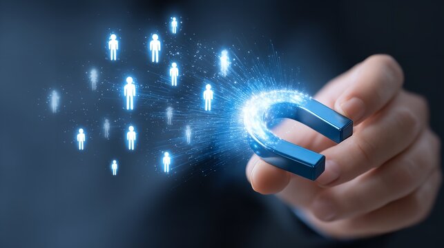 Hand Holding Horseshoe Magnet Attracting Glowing Human Figures