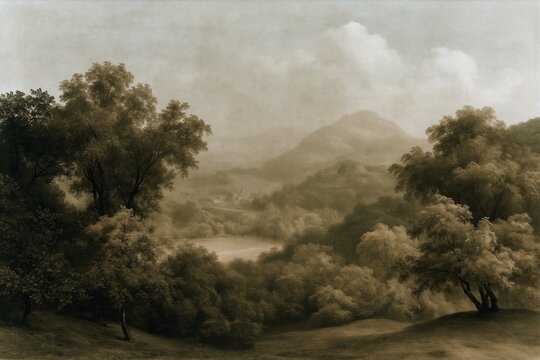 Misty woodland landscape with river and distant