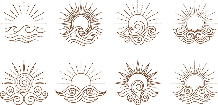 Collection of minimalist boho line art sun and ocean wave vector icons for summer landscape logo design