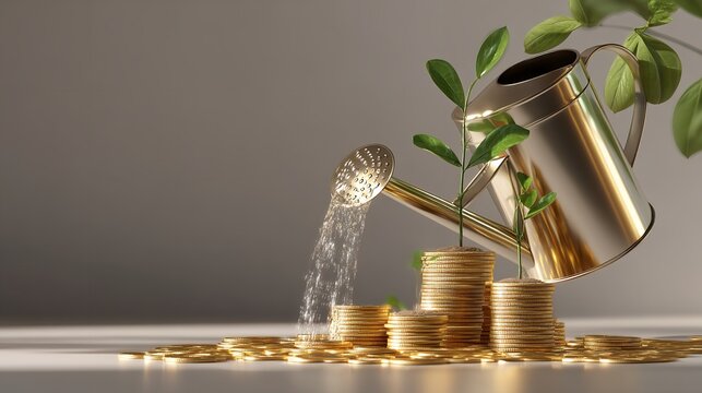 Concept of Financial Growth: Watering Can Pouring Water on Stacked Gold Coins with Growing Plants