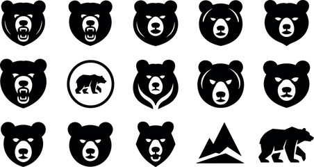 Obraz premium Art & IllustrationBear Head and Silhouette Logo Template Set with Mountain Icon for Outdoor Adventure Branding, Wildlife Badges, and Sports Mascot Vector Graphic Designs