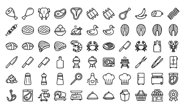 Meat Line Icon Set Editable Stroke Butcher Food Vector Collection Isolated on White Background