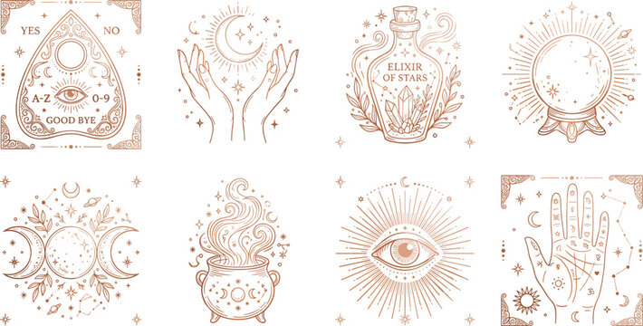Collection of mystical boho esoteric line art vector icons featuring magic crystal ball cauldron and palmistry hand