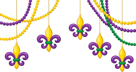 Festive Mardi Gras hanging decorations with purple green gold beads and fleur de lis ornaments vector illustration © Jahanara