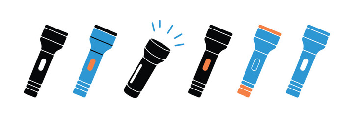 Flashlight Beam icons featuring handheld torch light designs in flat and outline vector styles for illumination, camping, safety, and utility graphics. © ARIF AHMED 04