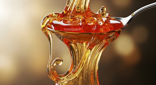 Fresh golden honey pouring from a metal spoon in a warm kitchen setting with soft light reflections and blurry background