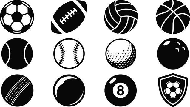 Professional Team Sports Ball Icon Set Featuring Soccer Football Basketball Volleyball Baseball Tennis Golf Bowling and Billiard Balls for Athletic League Tournament Branding