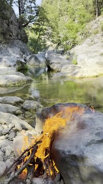 Crackling wood fire inside a rocky nature canyon with flowing river, vertical