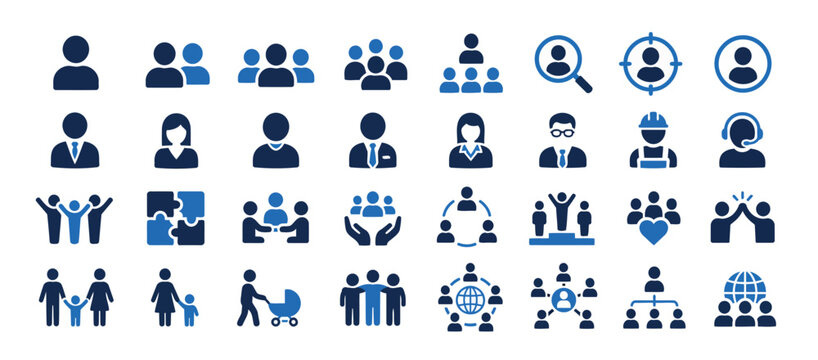 Flat design icons of diverse people and business concepts.