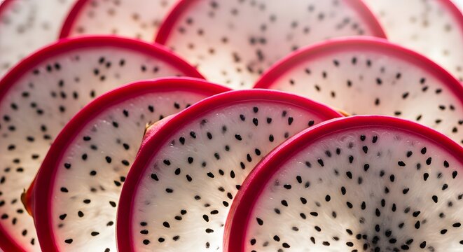 Fresh slices of dragon fruit with vibrant pink skin and white flesh with small black seeds arranged in a pattern