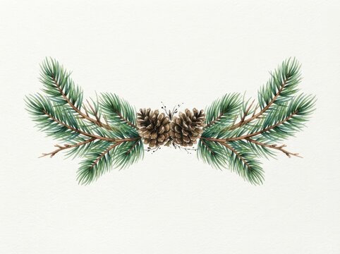 Watercolor pine branches with pinecones isolated on white background