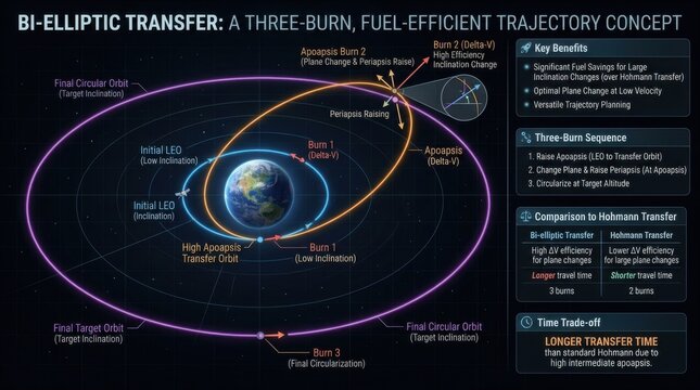 Bi Elliptic Orbital Transfer Diagram for Efficient Spaceflight Trajectory