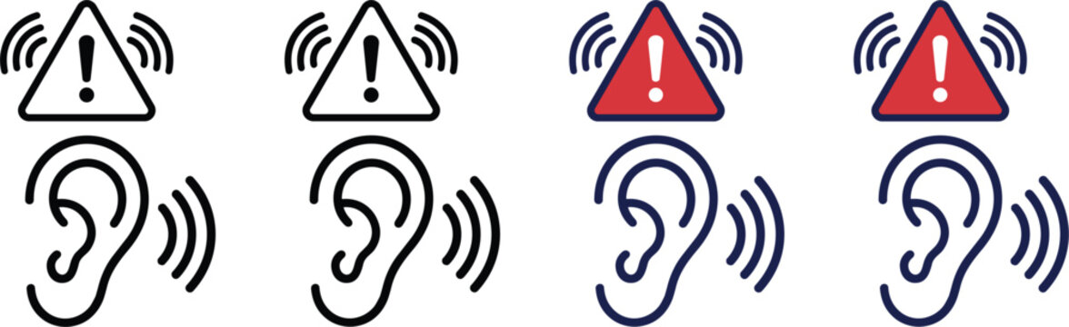 Hearing hazard warning icon set displaying loud noise danger signals audio alert protection notices and otology medical safety symbols