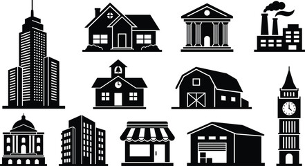 Real Estate and Architectural Building Icon Set Featuring Skyscrapers Suburban Houses Banks Factories Schools Barns Warehouses and Retail Stores for Urban City Planning Graphics © Monju