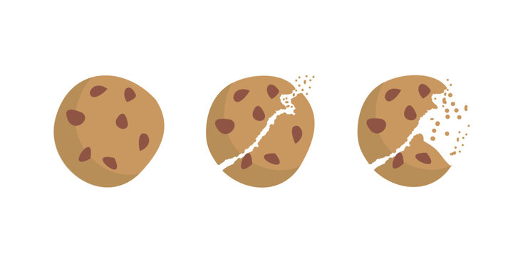 Whole, Cracking, and Broken Chocolate Chip Cookie Crumbs Flat Vector Illustration Set