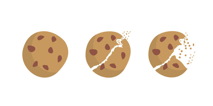 Whole, Cracking, and Broken Chocolate Chip Cookie Crumbs Flat Illustration Set