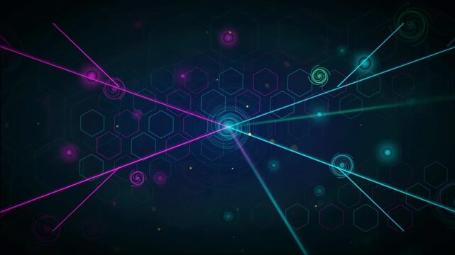 Abstract futuristic digital network background with glowing neon lines and hexagonal grid patterns