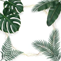 Tropical leaves frame border with golden decorative lines tropical monstera botanical background decoration luxurious invitation template illustration isolated minimalist ornamental © AM Visual Stock