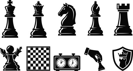Strategic Chess Game and Tournament Icon Set Featuring King Queen Knight Bishop Rook Pawns Chessboards Timers and Players Hands for Business Strategy Presentations © Monju
