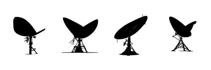 Obraz premium Satellite dish array silhouette set with geometric sharp profile featuring global data connectivity theme with solid black and white background