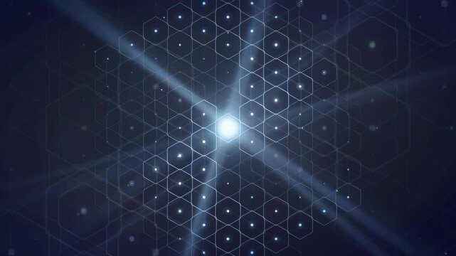 Abstract blue digital technology background with glowing light flares and hexagonal network grid patterns