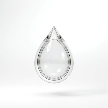 Abstract transparent glass water drop symbol floating in bright studio with three dimensional transparent abstract reflection minimalist isolated background refraction sculpture aesthetic