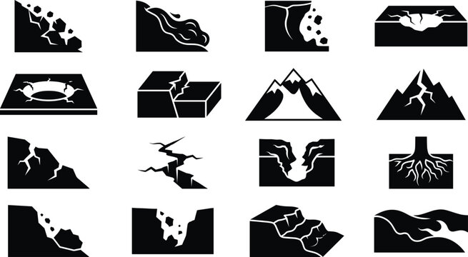 Geological Disaster Flat Vector Collection with Earthquake Landslide Ground Crack and Sinkhole Symbols for Earth Science Graphic Design Projects