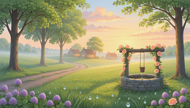 Serene Countryside Sunrise with a Wishing Well and Cottage Generative AI
