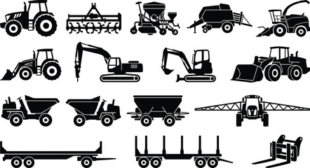 Heavy Machinery and Agricultural Equipment Vector Silhouette Collection with Construction Vehicles and Farm Tractors for Industrial Graphic Design Projects © Joy