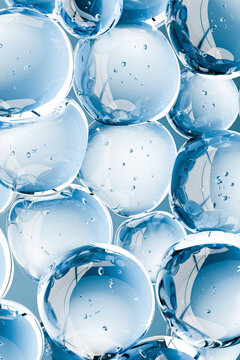 Abstract 3D render of transparent blue serum bubbles. Luxury skin care and self-care concept with hydrating cosmetic ingredients, glossy liquid texture, clean background, close up, copy space.