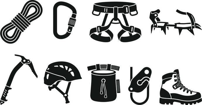 Rock Climbing and Mountaineering Extreme Sports Equipment Vector Icon Set with Harness Rope Carabiner Ice Axe Helmet Crampons and Hiking Boot Designs