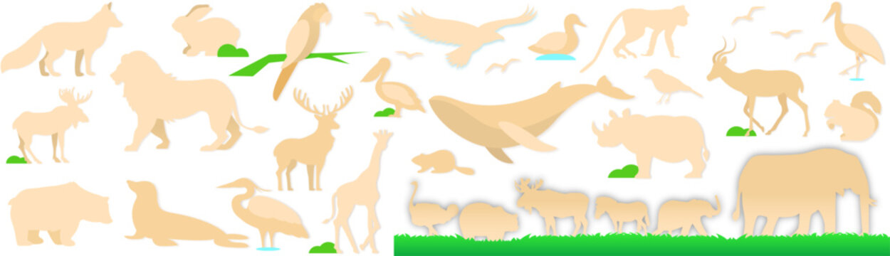 Beige paper cutout style wild animal silhouettes and birds on white background for creative nature handicraft design.