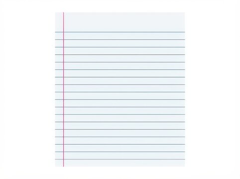 Single sheet of lined notebook paper with a pink margin line isolated on white background