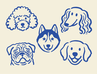 Minimalist dog breed line art icons, blue hand drawn puppy faces vector set, cute poodle husky pug and golden retriever head illustrations © Apna Jalwa