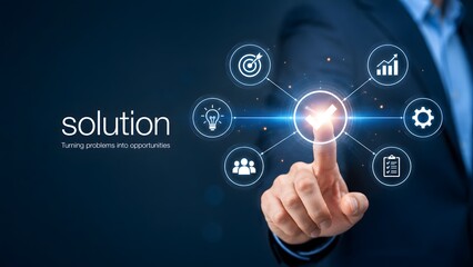 Fototapeta premium Businessman pointing at glowing solution checkmark icon on digital interface. Concept of problem solving for project management.