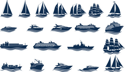 Marine Transportation Boat and Ship Silhouette Icon Collection with Sailing and Cargo Symbols for Nautical Graphic Design Projects © Joy