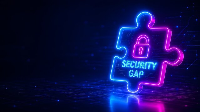 Glowing neon jigsaw puzzle piece with padlock icon and security gap text. Concept of cyber security for information technology and risk.